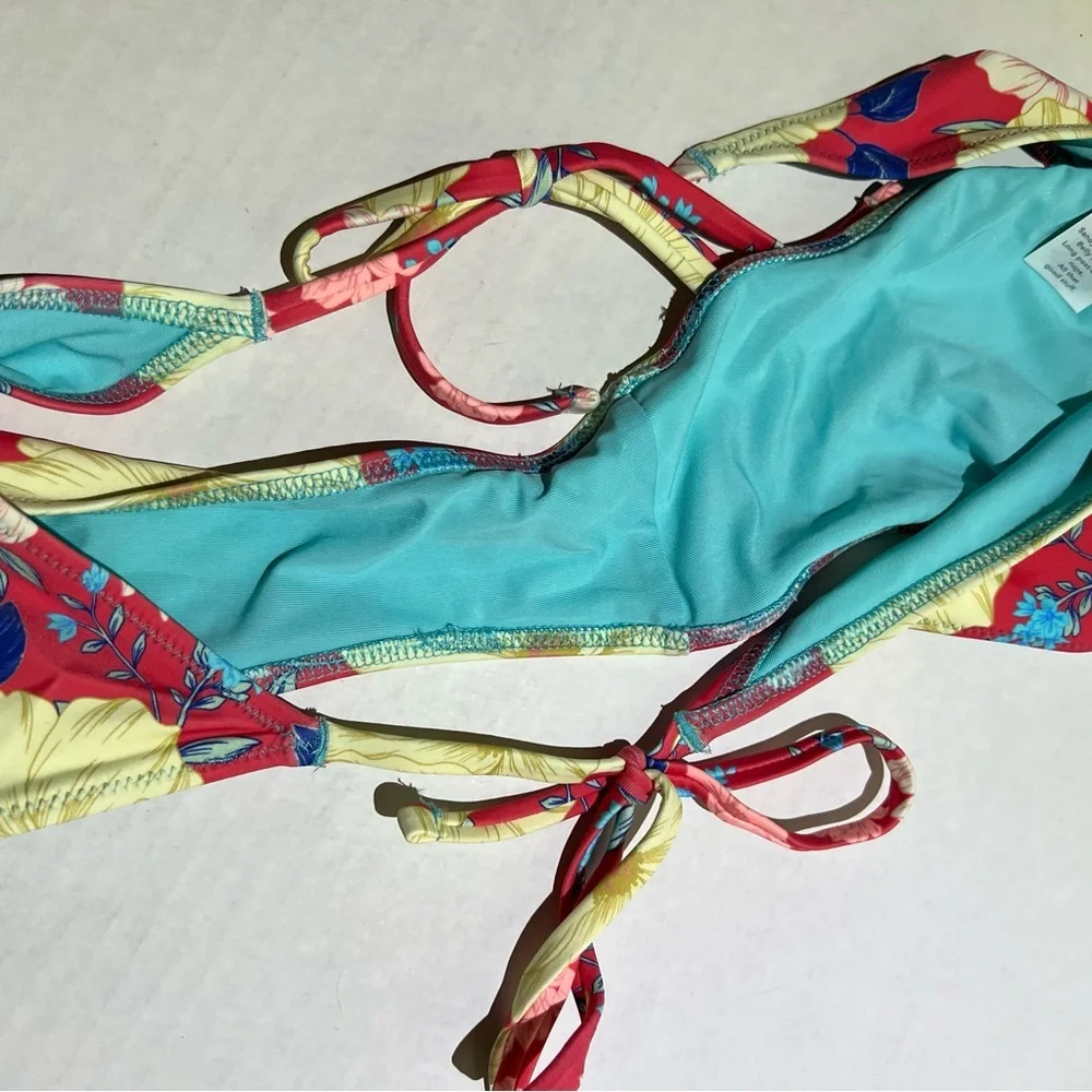 Aerie Red Floral Side Tie Bikini Bottoms size Medium Real Good Cheeky‎ Swim